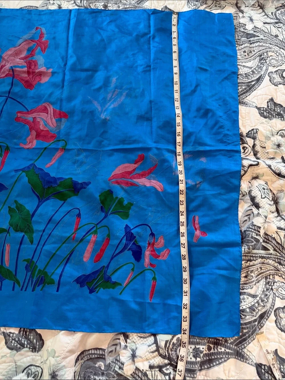 Vintage Thai silk 100% Blue Floral Square Scarf with Pink Bloom